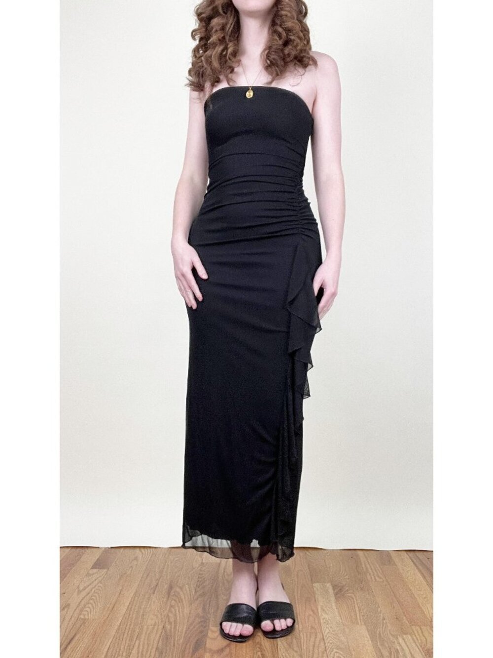 Vintage 90s Y2K Maxi Dress Gown Strapless Ruffle Sheer Mesh Wedding Guest Prom
